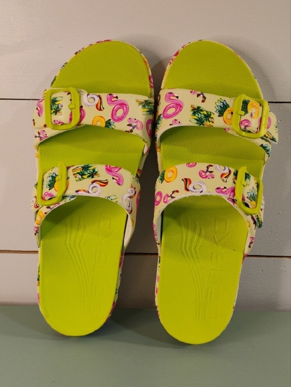Dansko Lime Green Tropical Print Platform Sandals - Picture 2 of 5